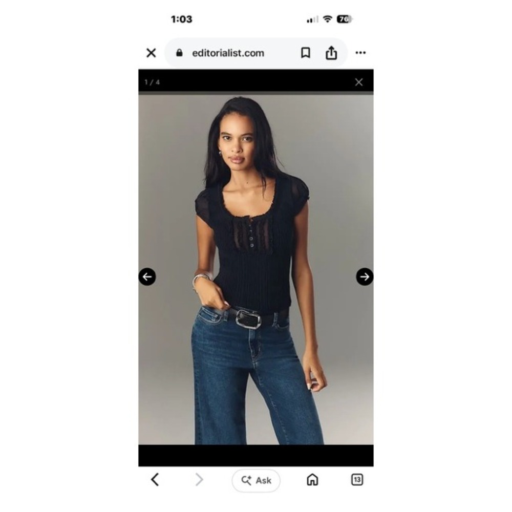Maeve Anthropologie Black‎ Ribbed Ruffle Henley Cap Sleeve Wool Blend Top XL New